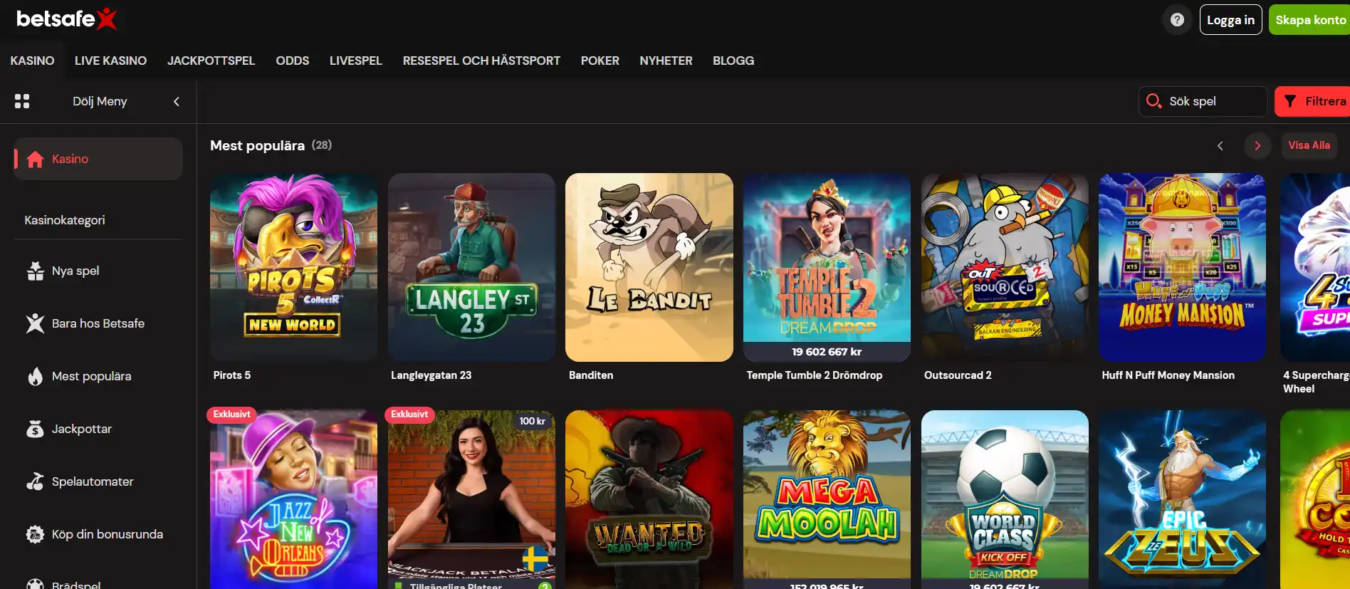 Betsafes svenska casinosida med navigering och kategorier för spelautomater och live casino