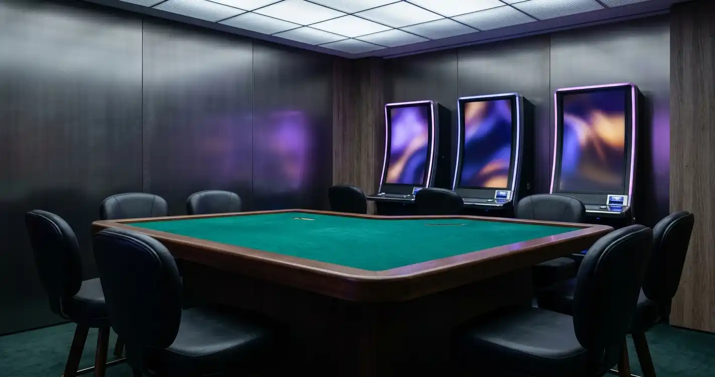 Dämpat belyst studiobord för kortspel intill abstrakta spelautomater