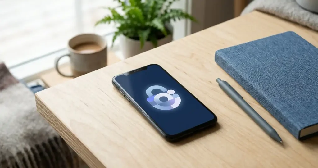 Mobiltelefon med abstrakt inloggningssymbol bredvid anteckningsbok på ett ljust skrivbord