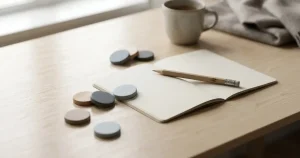 Anteckningsbok och miniräknare bredvid neutrala geometriska spelmarkörer på ett träbord