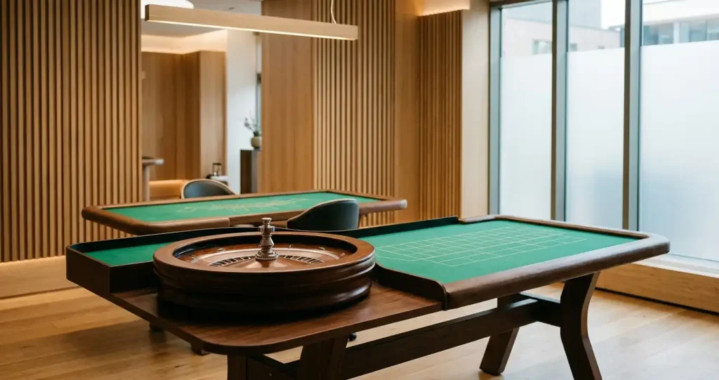 Tom modern livecasinostudio med roulettebord, grönt filtklädda bord och mjuk takbelysning