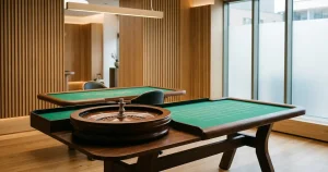 Tom modern livecasinostudio med roulettebord, grönt filtklädda bord och mjuk takbelysning