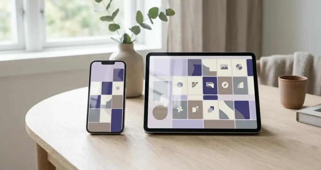 Mobiltelefon och surfplatta med abstrakta spelpaneler på en ljus träyta