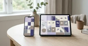 Mobiltelefon och surfplatta med abstrakta spelpaneler på en ljus träyta