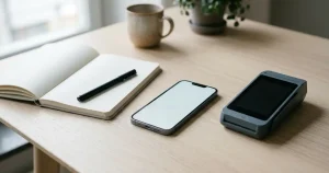 Mobiltelefon och anteckningsbok vid ett bord med diskreta betalningsföremål