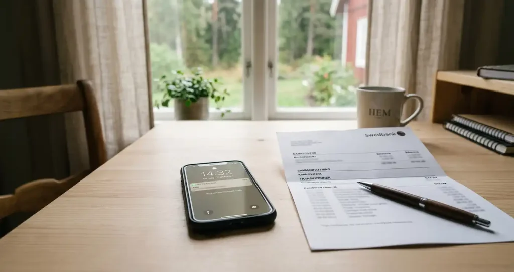 Mobiltelefon bredvid ett diskret kontoutdrag och en anteckningsbok på ett ljust skrivbord