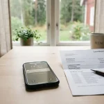 Mobiltelefon bredvid ett diskret kontoutdrag och en anteckningsbok på ett ljust skrivbord